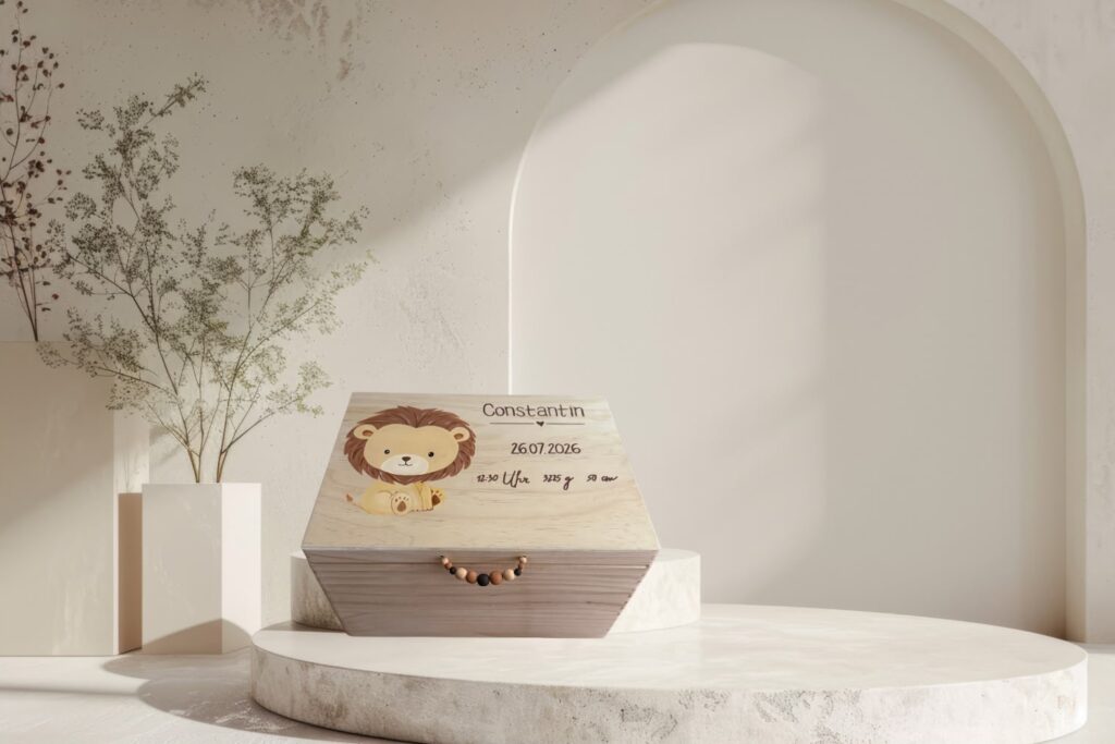 Kinder Erinnerungsbox mit Löwe individuell gestaltet aus Holz