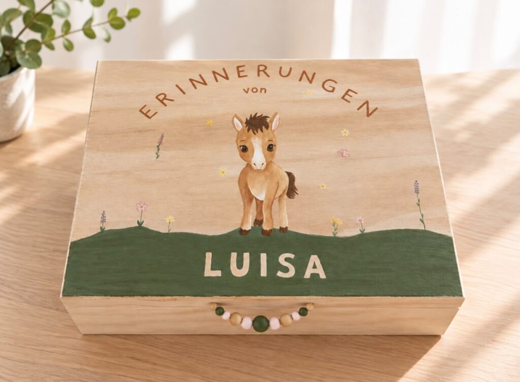 Kinder Erinnerungsbox mit Pferd individuell gestaltet aus Holz