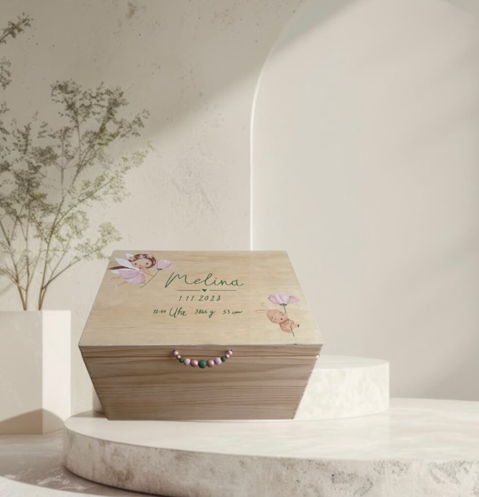 süße Kinder Erinnerungsbox mit Fee Blumen und Hase individuell gestaltet aus Holz